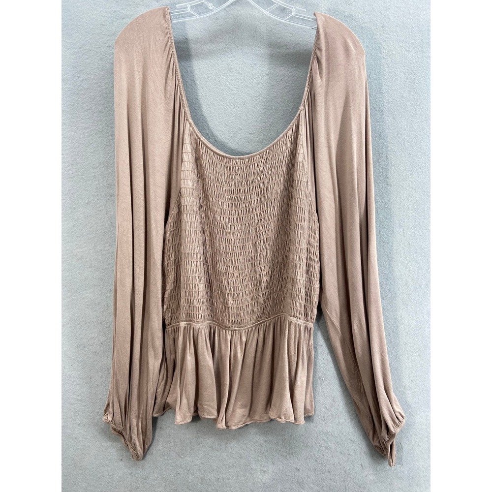 White Birch Shirt Womens‎ Sz 3X Taupe Smocked Peplum Square Neck Long Sleeve Top - Picture 5 of 8